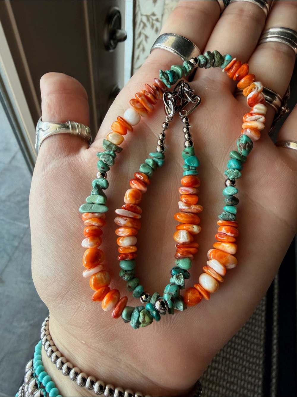 Real Turquoise & Orange Spiny Oyster Beaded Necklace - Stainless Steel